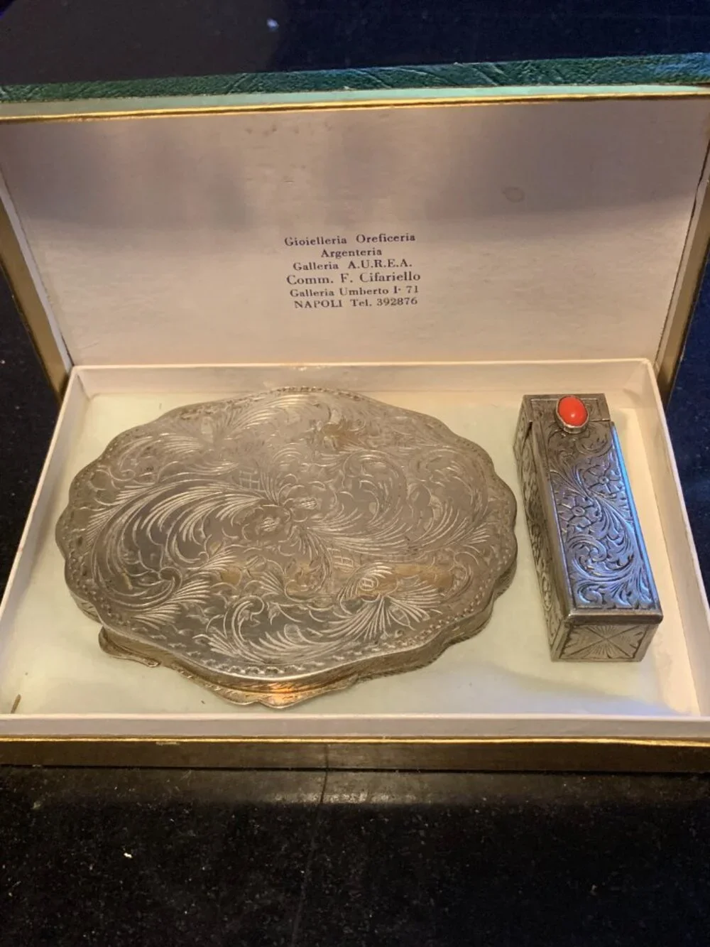 Vintage Italian 800 Silver Makeup Compact & Lipstick Case